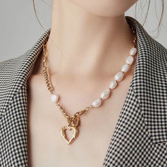 Zara Gold Keshi Vegan White Pearl Mix Links Chain Necklace NEW - Picture 3 of 16